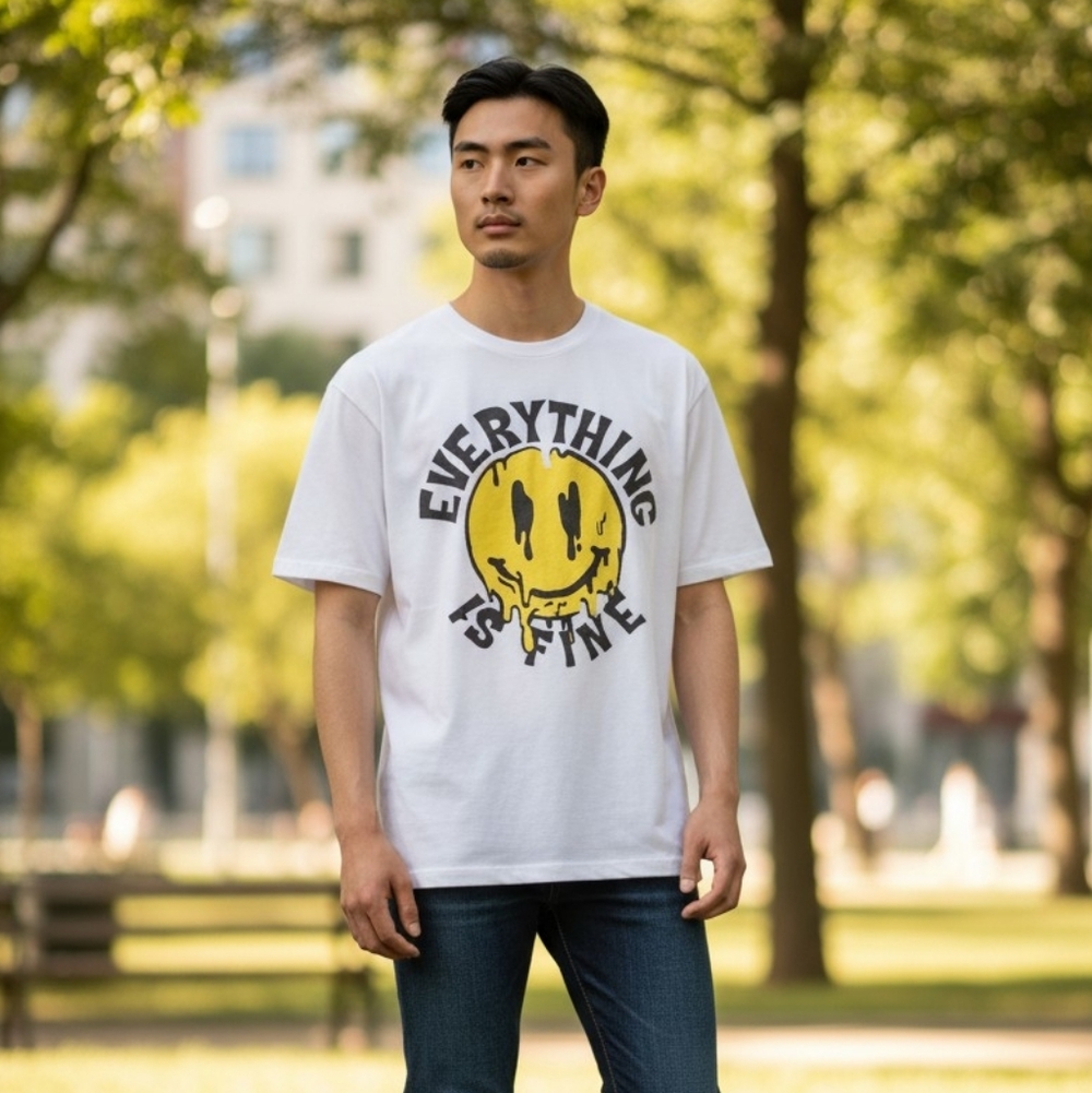 White Graphic Tee with Yellow Smiley - Everything is Fine